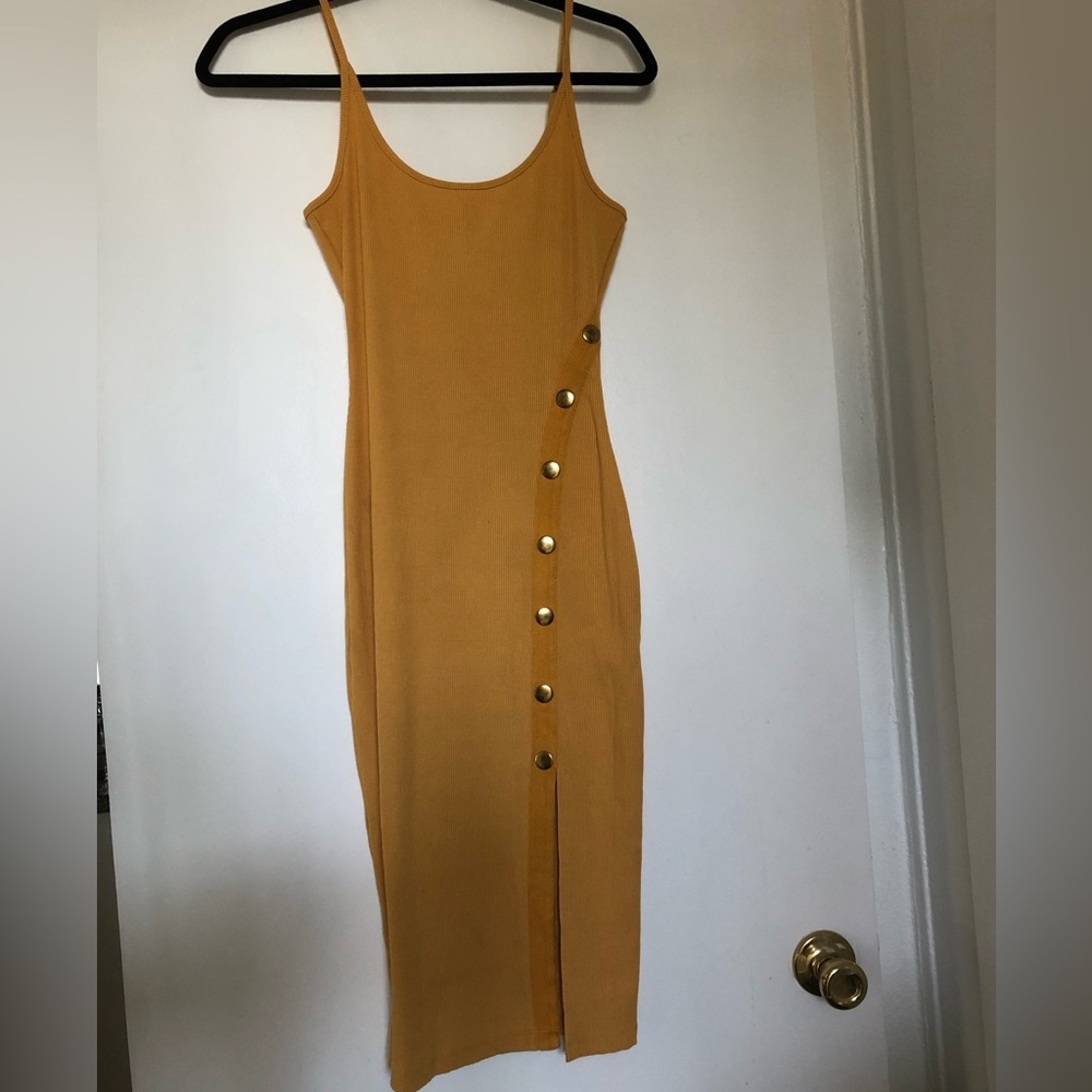 Guess Mustard Midi Dress with Gold Buttons